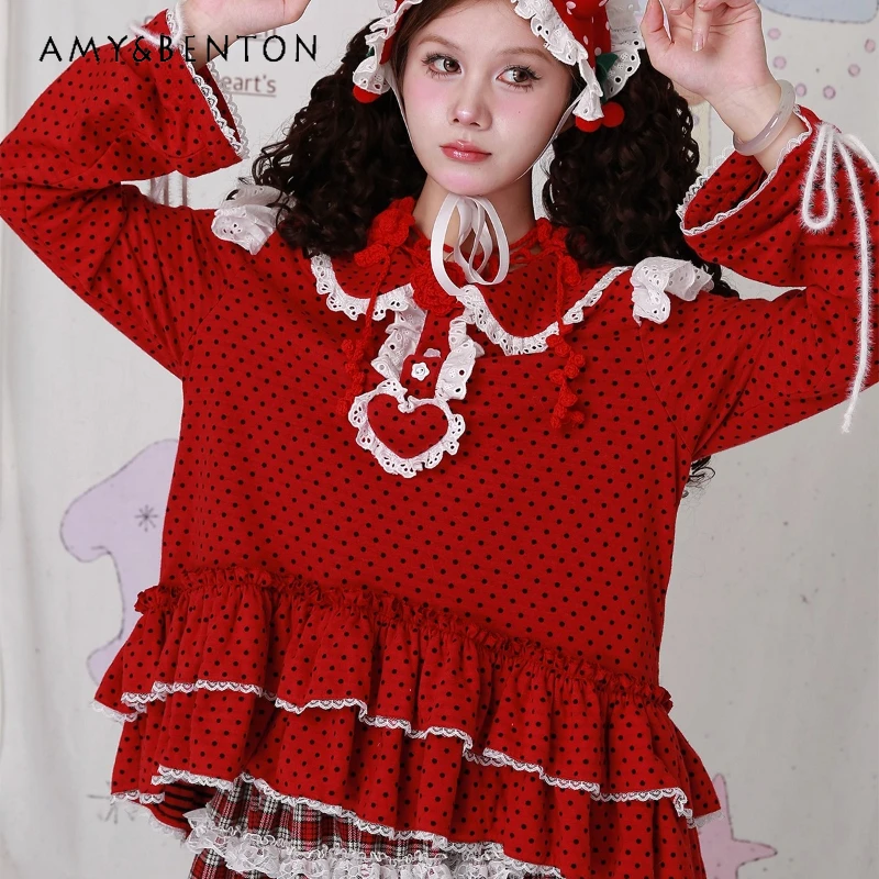 

Original Design Christmas Holiday Cute Girl Sweatshirt Fleece Top Autumn Winter New Red Polka Dot Long Sleeve Shirt for Women