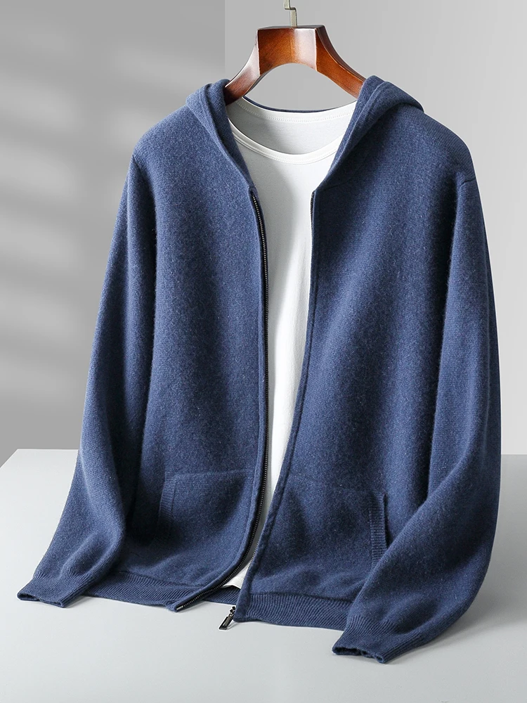 Men's Hooded Cardigan 100% Merino Wool Knitwear Sweater Autumn Winter Thick Cashmere Hoodie Casual Coat Korean Popular Clothing