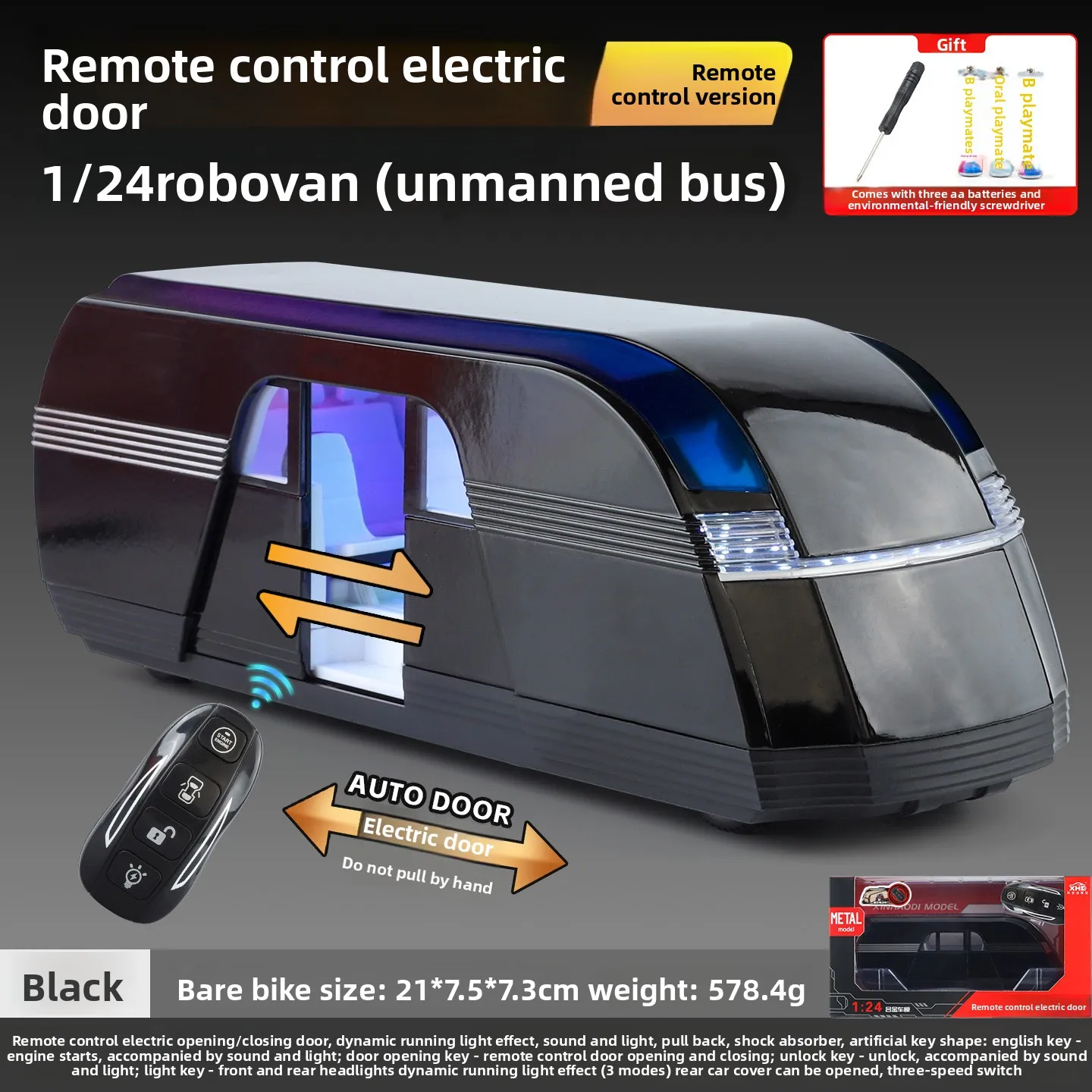 

1:24 Style Alloy Trolley Bus Diecast Model Remote Control Electric Door Pull Back Sound Light Effect Home Ornament For Kids