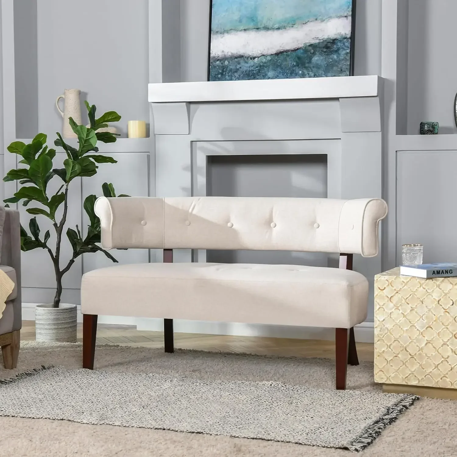 Jared Roll Arm Tufted Bench Settee, Sky Neutral Beige Polyester