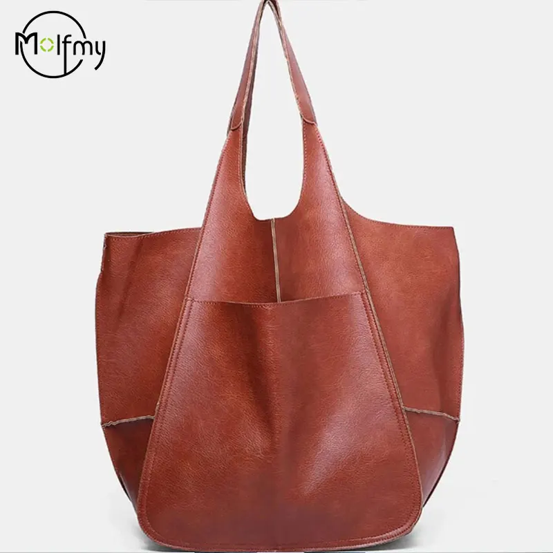 Large Capacity Tote Bags Women Handbags Casual Soft Designer Luxury Metal Look Pu Leather Shoulder Bag Retro Big Shopper Purses