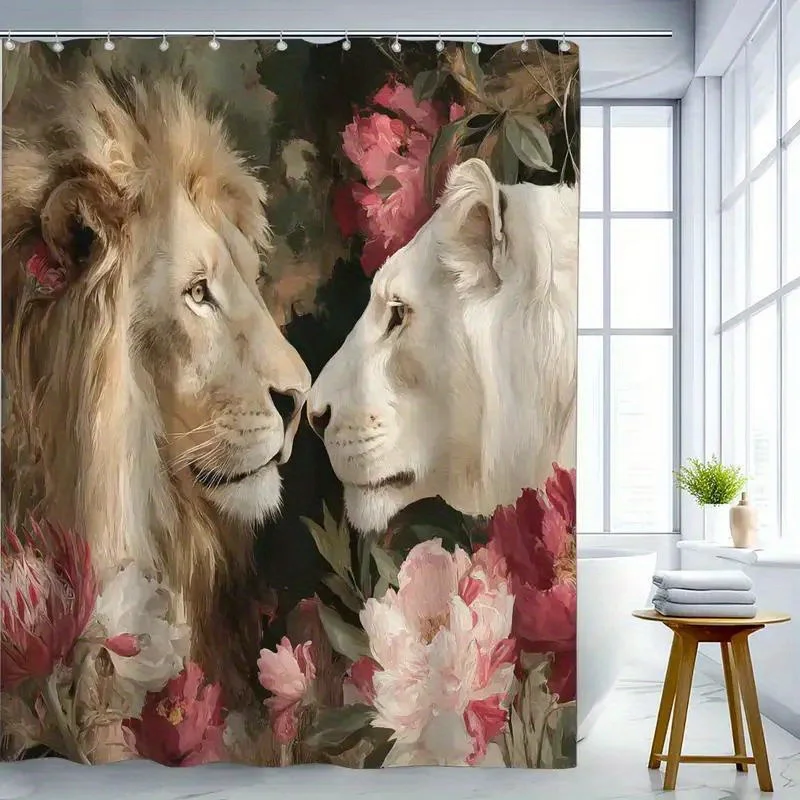 Realistic Lion and Pink Flower Shower Curtain Jungle Safari Tropical Bathroom Home Decor Curtain Panel