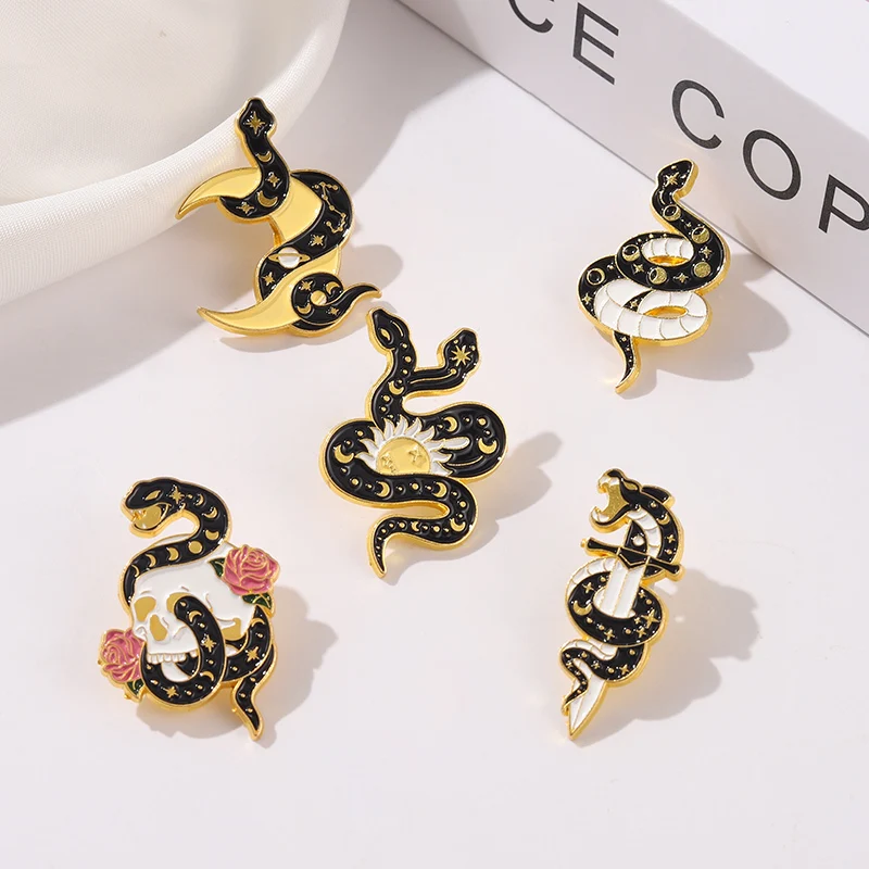 5Style Snake Enamel Pins Sun Flowers Moon  Brooch Lapel Badge Bag Cartoon Gothic Jewelry Gift for Kid Friend