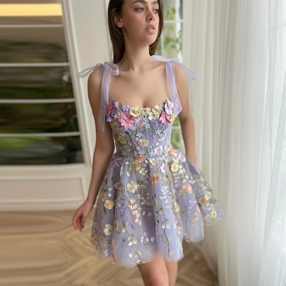 Robes de Rhen tulle floral, fleurs 3D µ, sans bretelles, bretelles à nœud papillon, mini robe de soirée, courte robe de soirée formelle, priorité, 2023