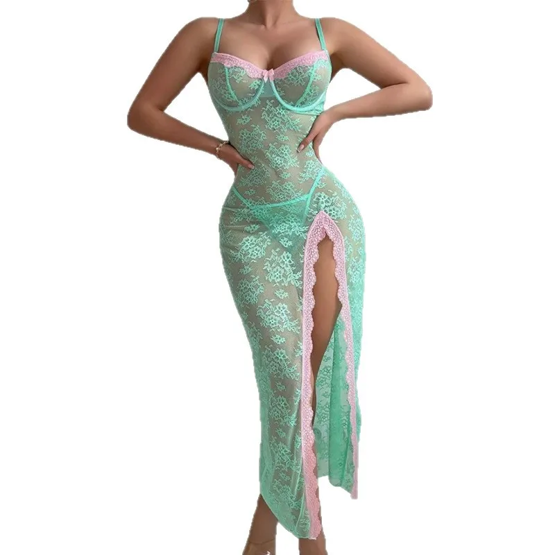 Sexy Sleepwear See-through Lace Dress Erotic Lingerie Women Mint Pink Contrast Lace Slip Slit Sexy Lingerie Sleepwear 4C2L