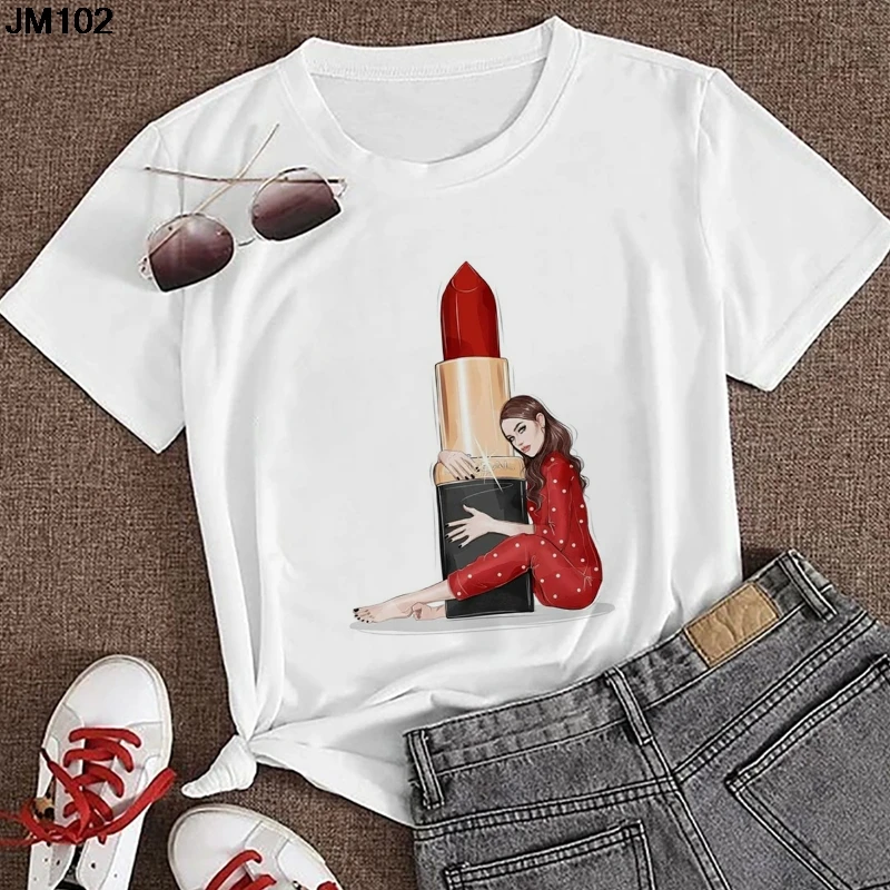 Summer New Women Tshirt Fashion Maiden Embrace Lipstick Print T Shirt Harajuku Korean Short Sleeve White Tops Tee Female T-shirt