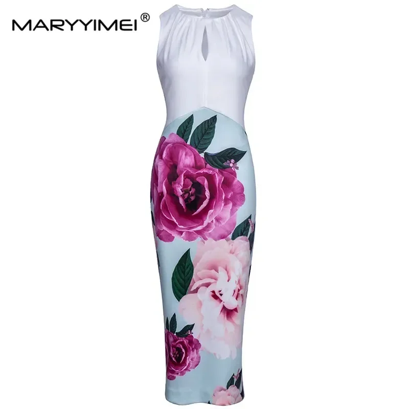 

MARYYIMEI New Runway Designer Summer Party Sheath Dress Women's Charming Flower Print Package Buttocks Dresses XXL Vestdios
