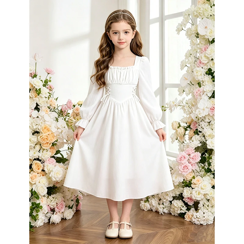 Girls 8-12 Summer White Midi Dress, Square Neck Puff Long Sleeve Lace Up Waist Smocked Flowy A Line Casual Kids Dress