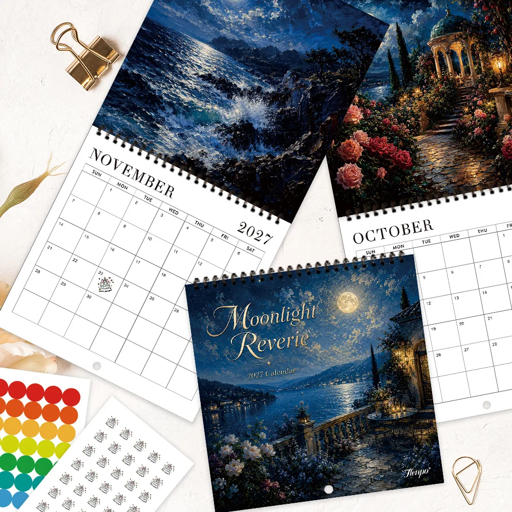 1pc 2027 Oil Painting Moonlit Wall Calendar,12‑Month Planner,Gift For Back‑to‑School,Christmas,New Year,Free Stickers Included