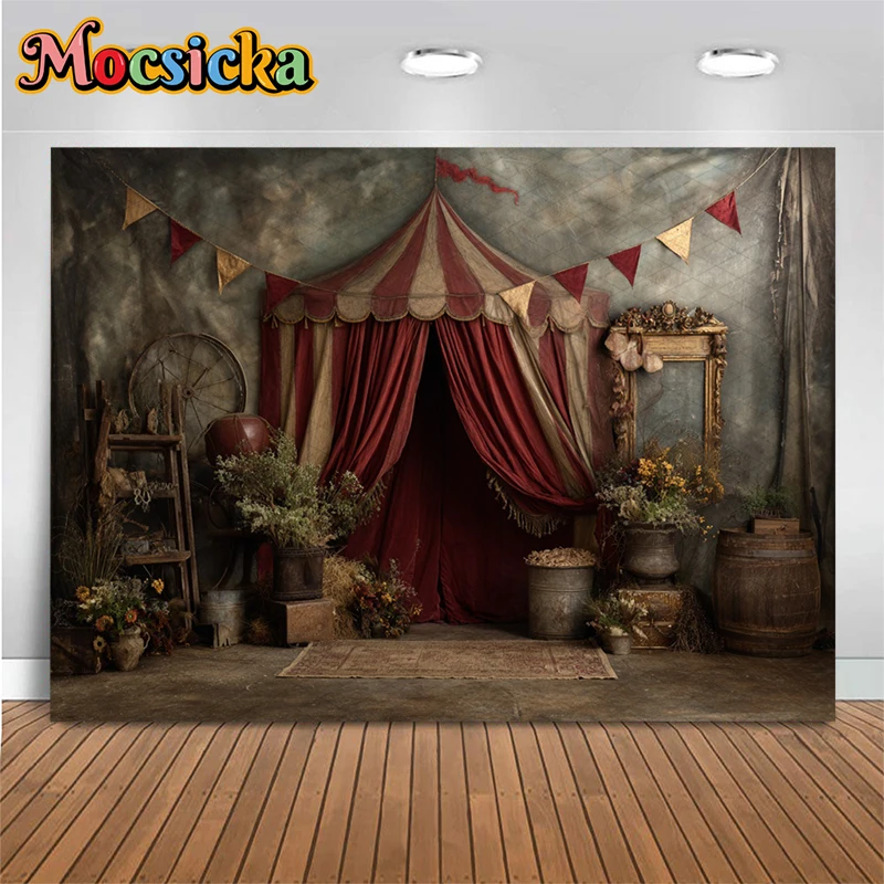 Mocsicka Vintage Circus Photography Backdrop Striped Tent Rustic Stage Decor Background Antique Props Photoshoot Studio Tapestry