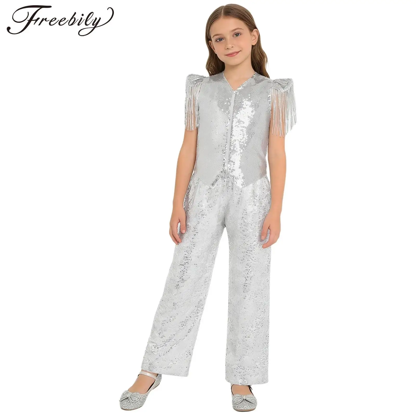 Kids Girls Metallic Disco Jazz Dance Outfit Tassels Cap Sleeves Sparkly Sequin Vest with Pants for Hippie Hip Hop Street Dancing