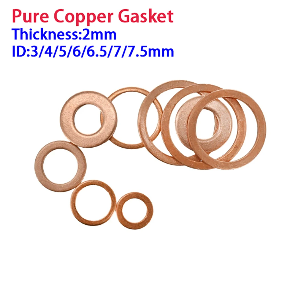 Pure Copper Gasket Thickness 2mm ID 3/4/5/6/6.5/7/7.5mm Sealing Gasket Flat Ring Seal Solid Purple Copper Gasket Hardware