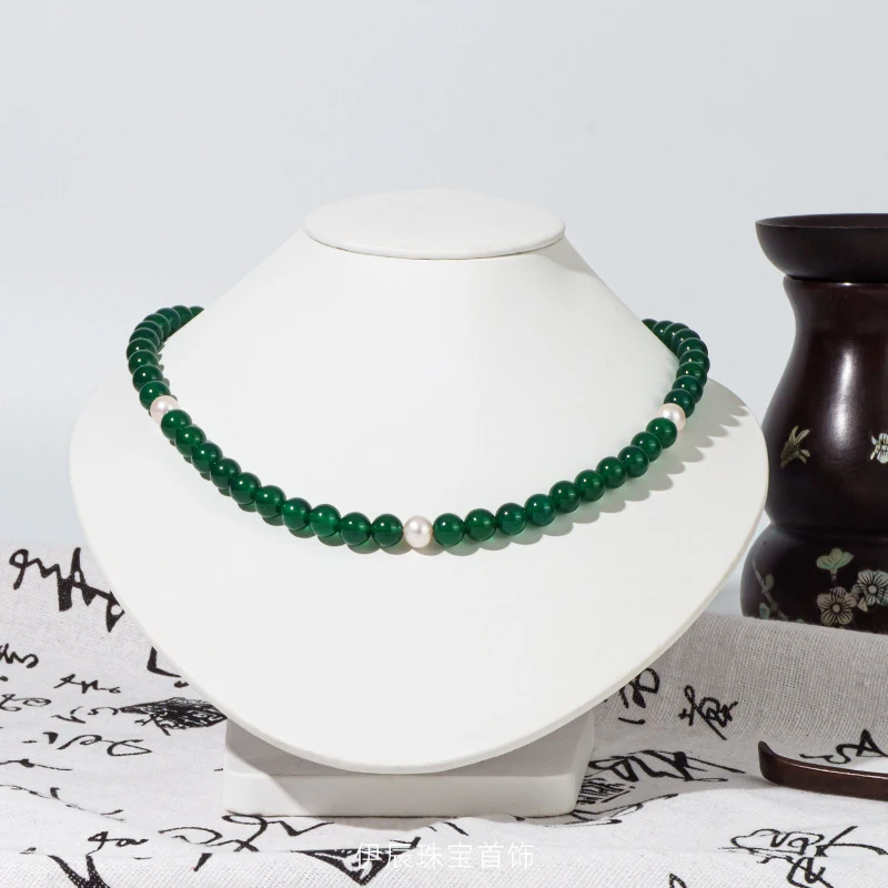 

Green chalcedony and agate beaded pearl necklace, versatile new-style collarbone chain women