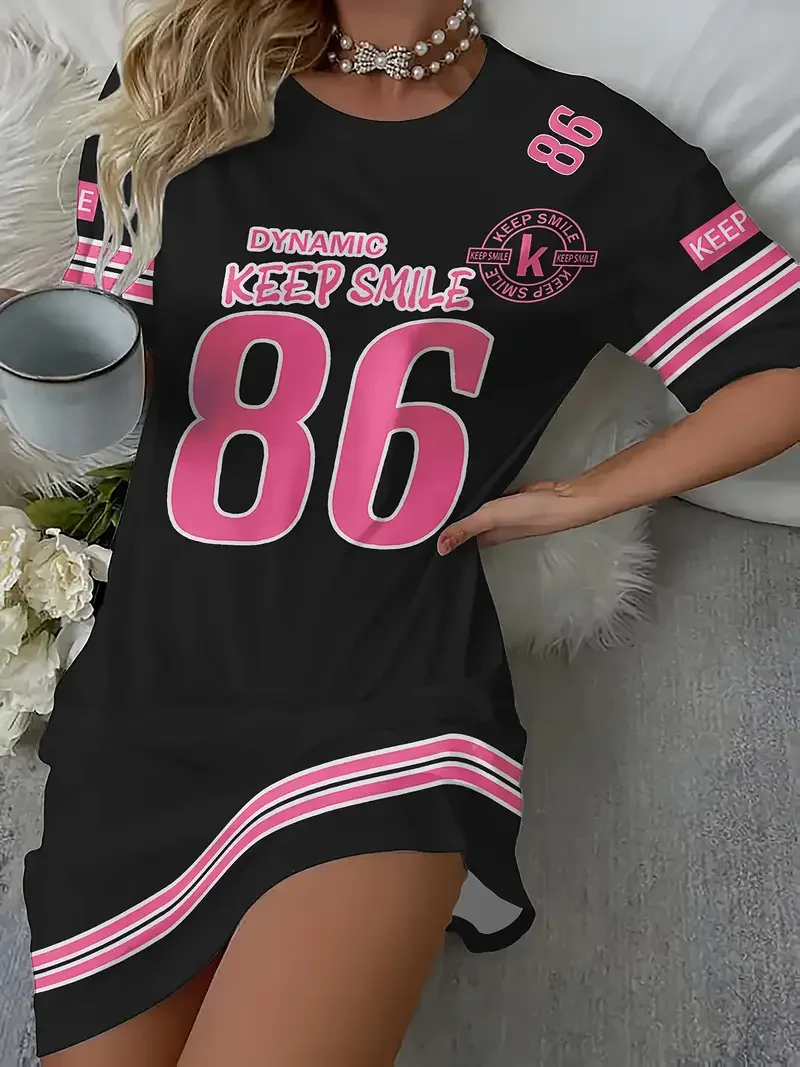 Summer Women T-Shirt Dress Plus Size Casual Letter NO.86 Printed Lady Short Sleeve Pullover Dresses Women Clothing