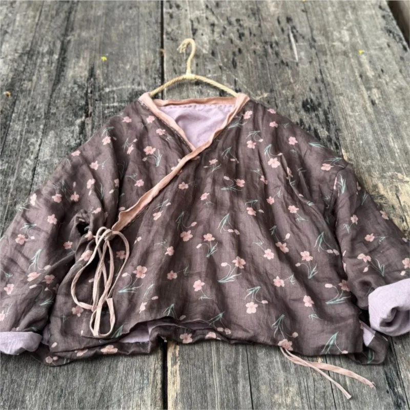 Vintage Print Floral Shirts Tops V-Neck Long Sleeve Blouses Ramie Chinese Style Lace up cardigan Outwear Jackets