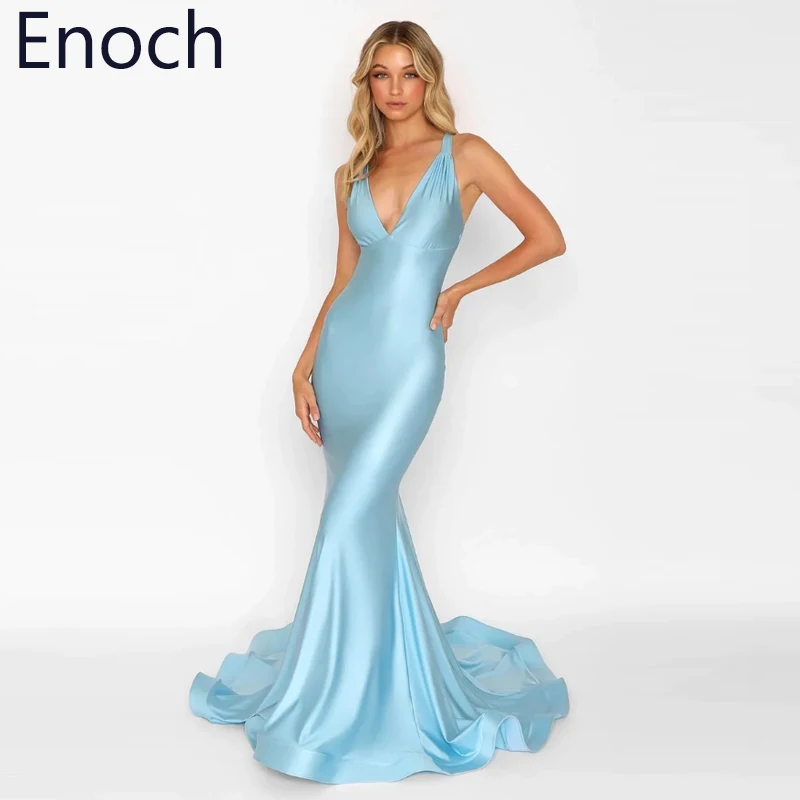 

ENOCH Formal Mermaid Satin Evening Dress V Neck Satin Spaghetti Strapes Cocktail Prom Party Gown Vestido De Noche Sweep Train