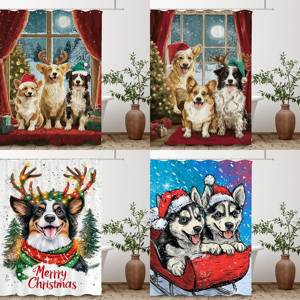 

Cartoon dog Christmas shower curtain printed shower curtain Christmas bathroom curtain home decoration curtain with hooks