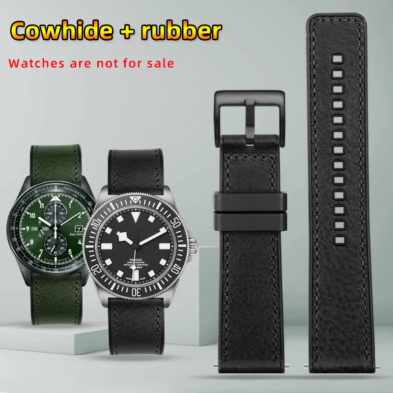 For HUAWEI Omega Tissot  IWC Cowhide  Silicone Bottom Watch Strap Men Waterproof Rubber Wrist Band Accessories 20mm 22mm