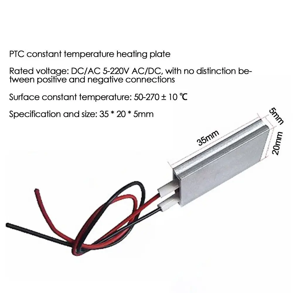 PTC Heating Element Curlers Heater, Incubadora de Aves, Acessórios Secador de Cabelo, 40-270 Graus Celsius, 35x20x5mm, 5-220V