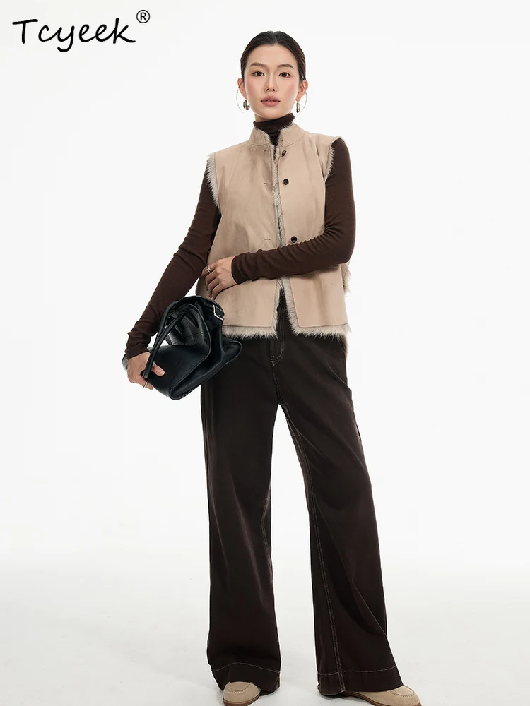 Tcyeek الصوف الحقيقي الخريف الشتاء الراقية العصرية الجديدة النمط الصيني الوقوف طوق أكمام قصيرة المرأة معطف فرو الضأن