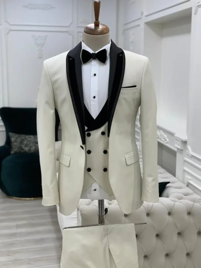 

3pcs Tailored Men's Formal Suits Sets Ivory Unique Design Shawl Lapel Blazer Trousers Wedding Clothing Jacket Pants Vest Outfit