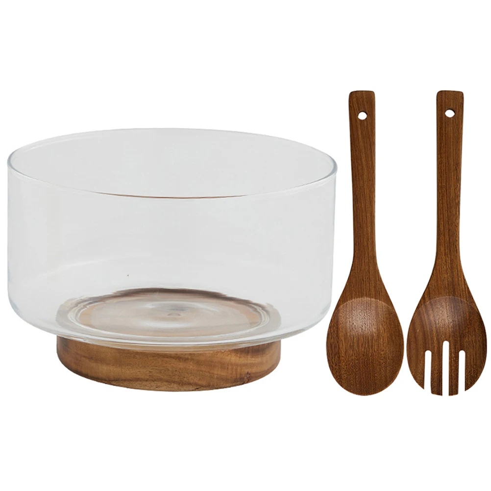 مجموعة واحدة من وعاء الفاكهة الزجاجي مع قاعدة خشبية وعاء تقديم السلطة الشفاف الكبير لتخزين الحلوى والخضروات أداة المطبخ متعددة الأغراض #4