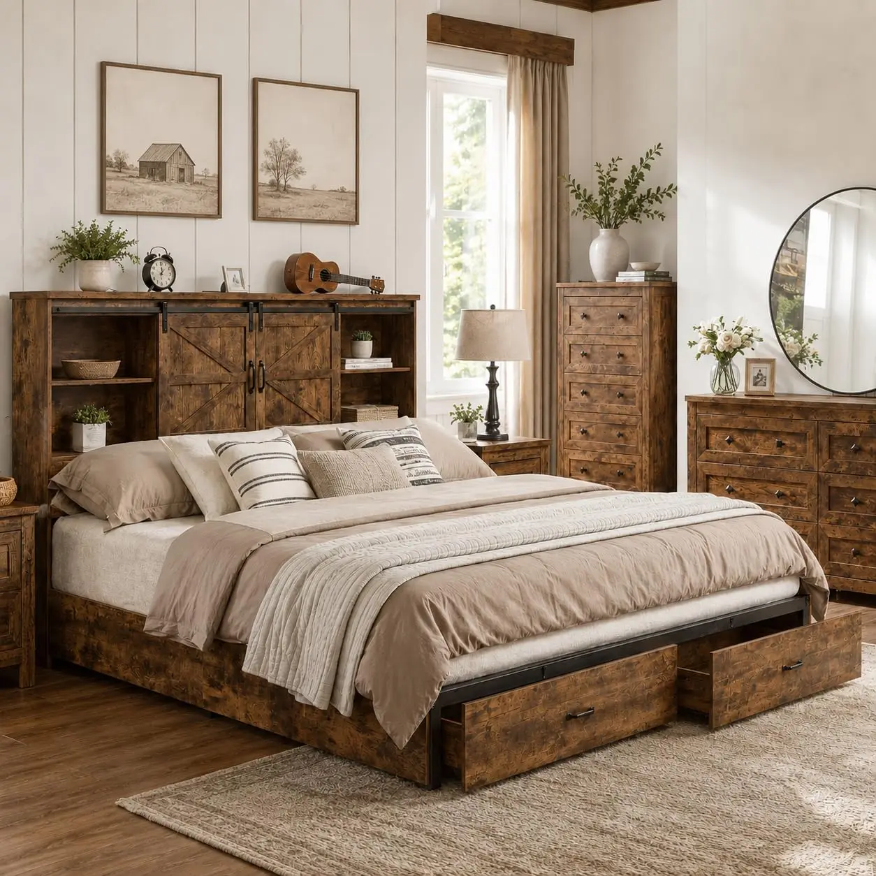 Queen Size Bed Frame, Wooden Platform Storage Bed with 51.2