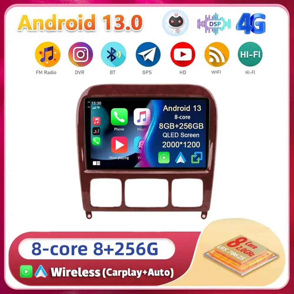 

Android 13 Carplay For Mercedes Benz S-Class S Class W220 VV220 1998-2005 Car Radio Multimedia GPS Player Stereo 2din Head Unit