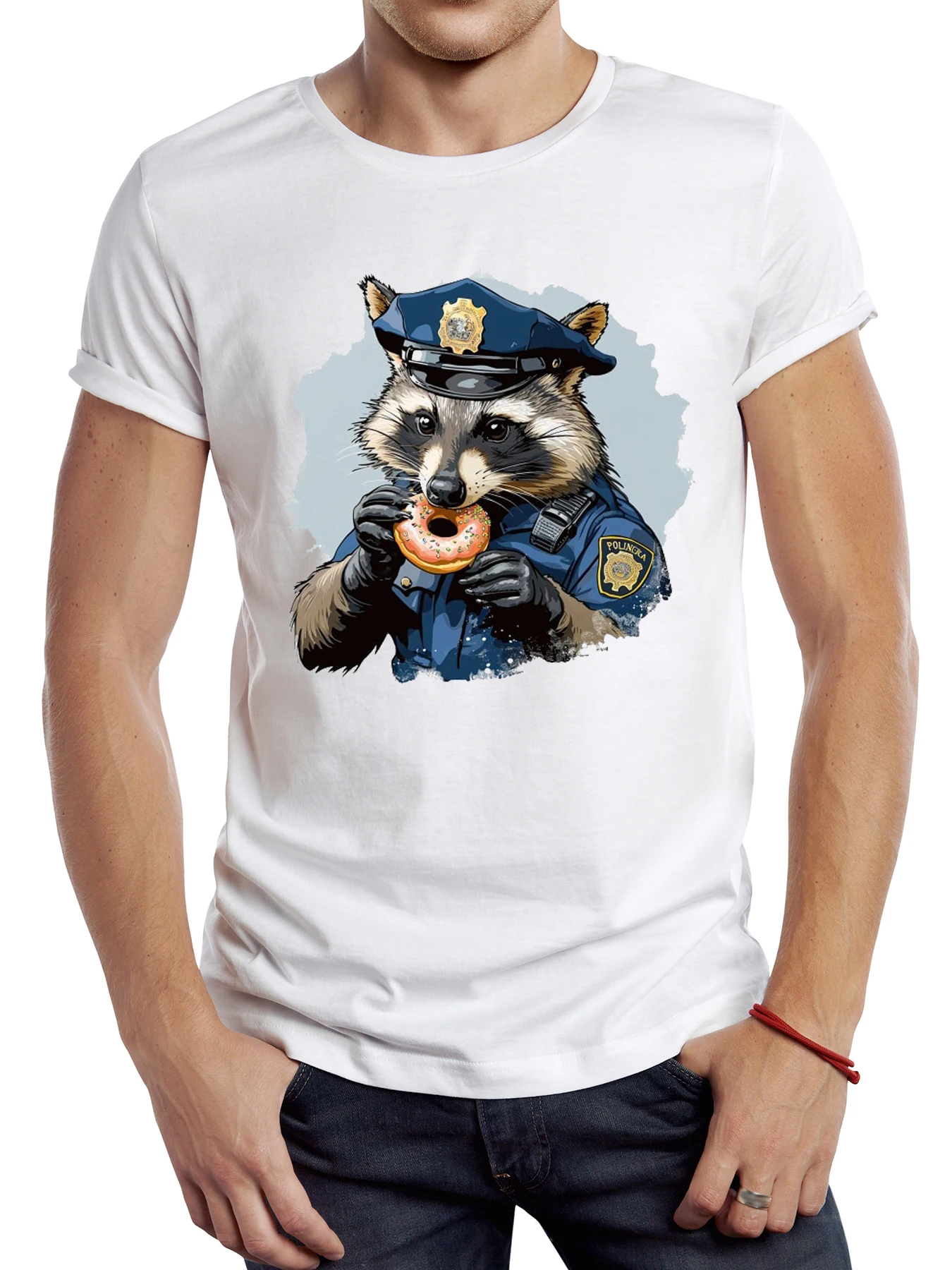 

FPACE Funny Police Raccoon Men T Shirt Graphic Streetwear Short Sleeve Trasher Tops Sport Retro Panda T-shirt