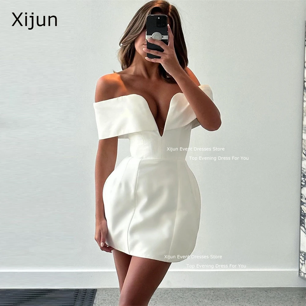 Xijun Simple Mini Wedding Dresses V-Neck Off The Shoulder Prom Dresses Formal Satin Bridal Gowns Women Wedding Party Gowns