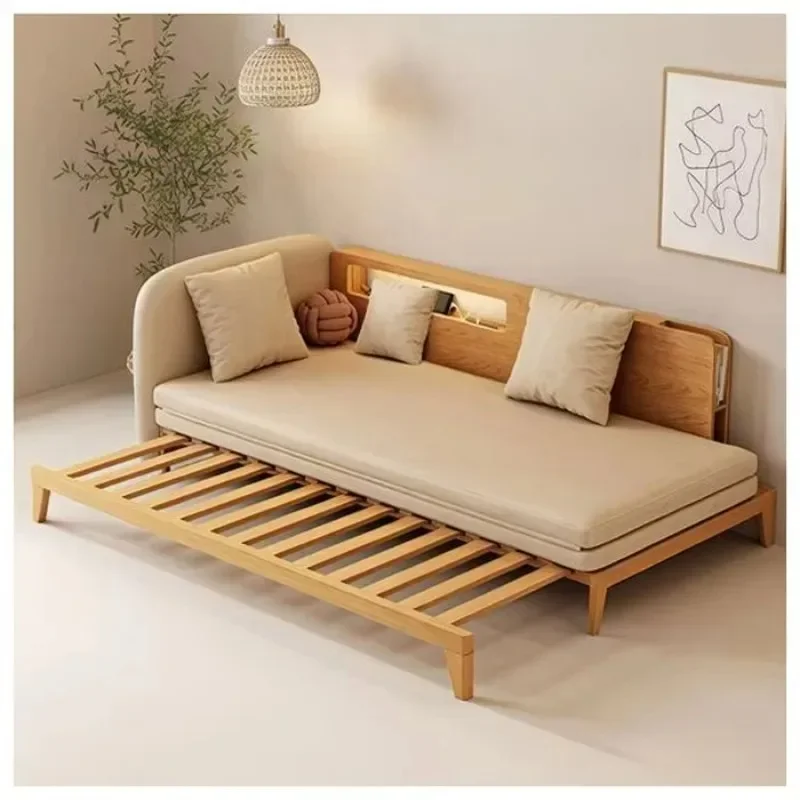 

Modern solid wood sofa with folding bed, teak furniture with charging station