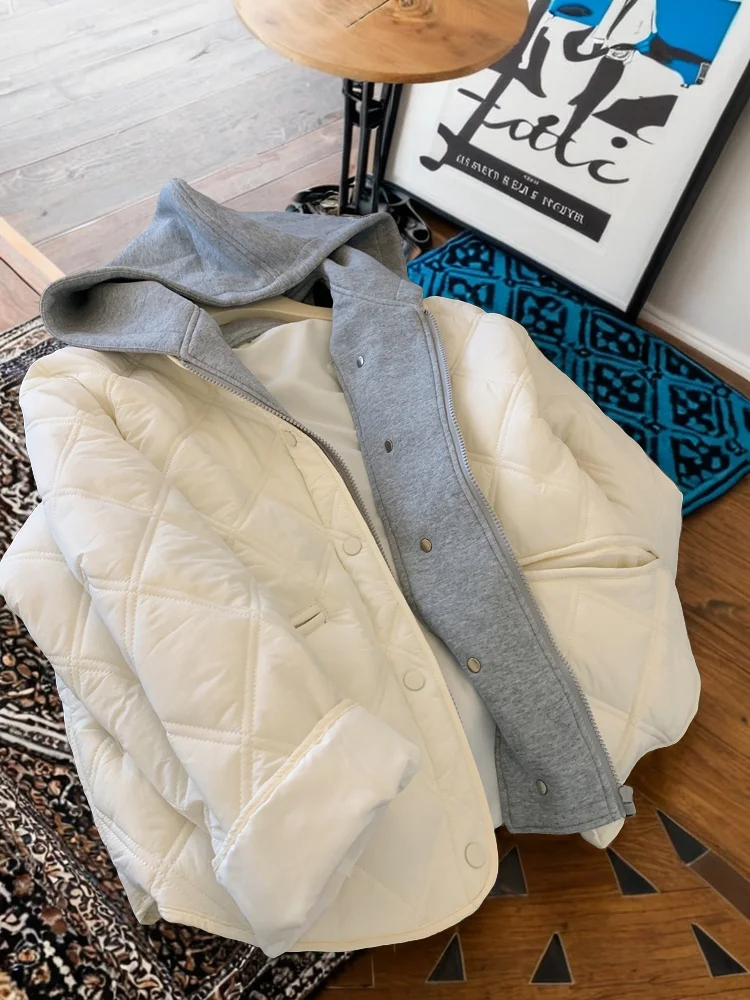 

Korean Sle Hooded Spliced Color Blo Light Weight Loose Women's Cotton Jaet Autumn Winter Unique Warm Thin Cotton Coat