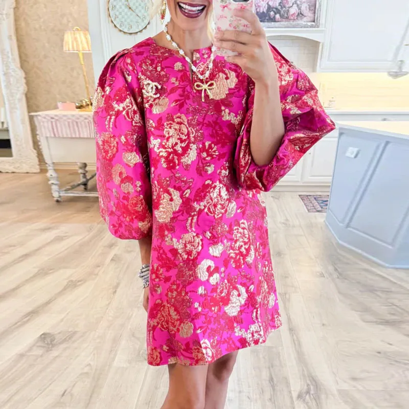 Trendy Woman Clothes 2025 Spring Elegant O Neck Flower Print Jacquard Dress Autumn 3/4 Puff Sleeved Straight Evening Dress Mujer