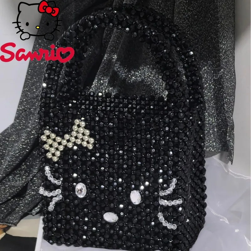   Tas Tangan Wanita Hello Kitty Baru dengan Hiasan Manik-manik, Tas Mini Wanita Tenun Tangan, Tren Mode, Tas Wanita untuk Pesta, Tas Wanita Berkepribadian