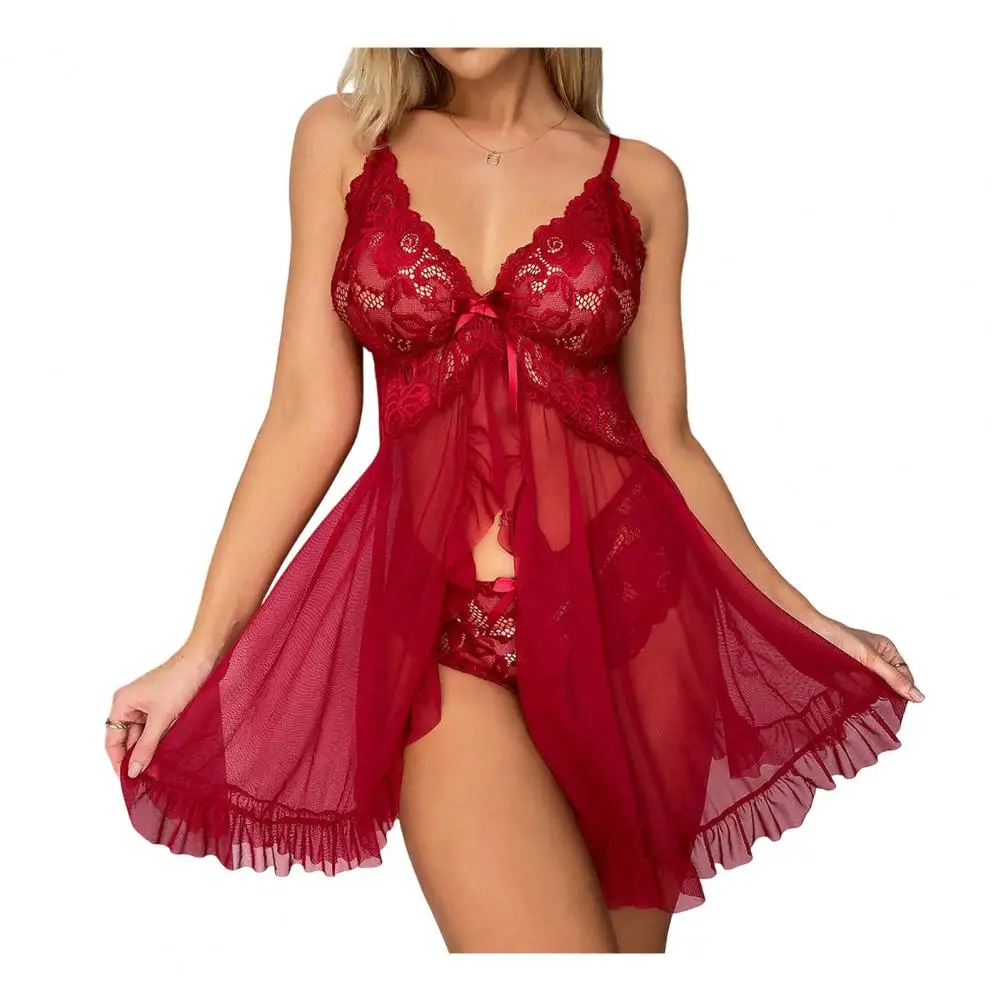 Spaghetti Strap Mini Sleep Dress Women Sexy Nightgown Set See-through Mesh Lace Nightdress Thong 2 Piece Set Babydoll Sleepwear