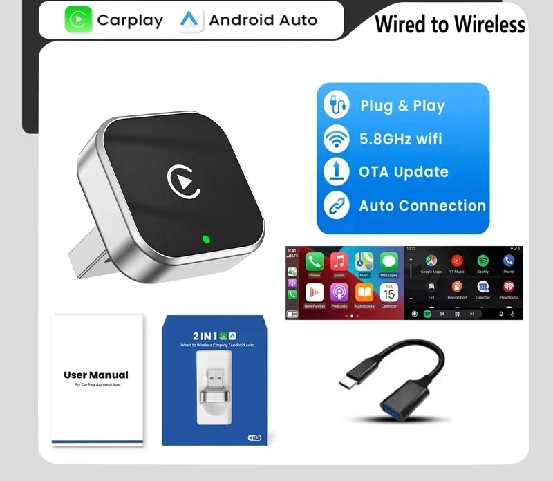 CarPlay Wireless Adapter 2026 Neu Plug & Play Automatische Verbindung Ohne Verzögerung Konvertiert Kabelgebunden zu Kabellos für iPhone & Android