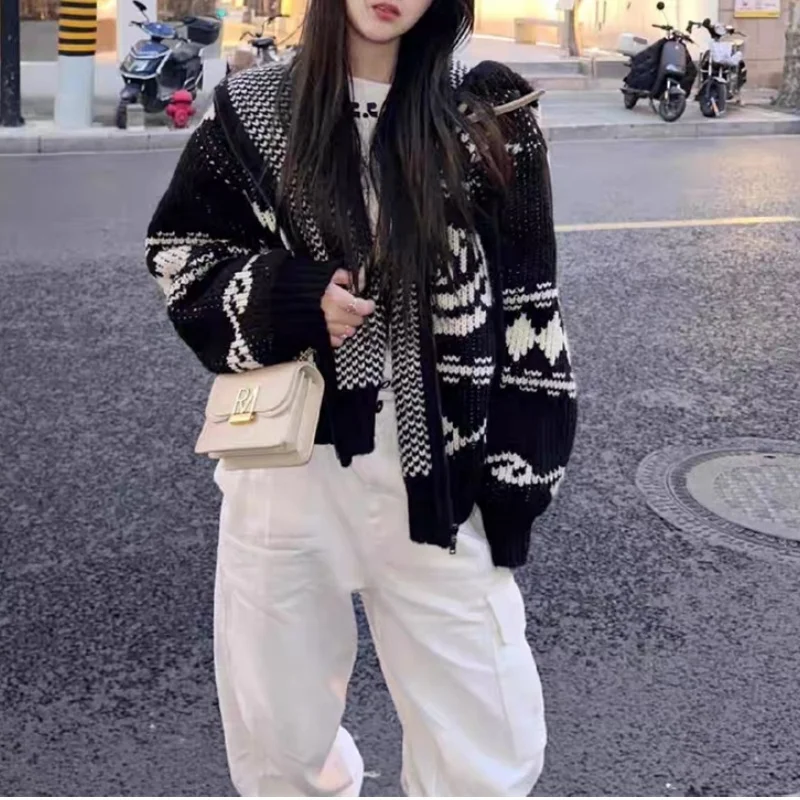 Men Women Black OPEN YY Sweater Hook Flower Deer Rose Cardigan Zipper Hooded Jacket Loose Casual Knitted Pullover Top