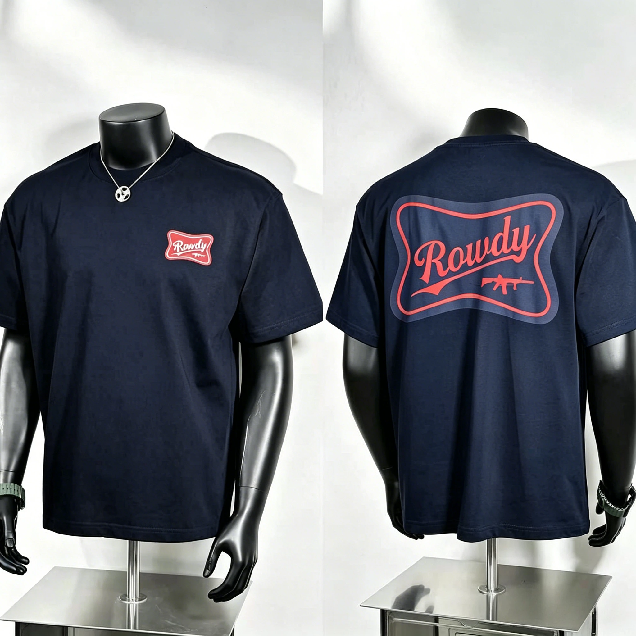 Double Sided Rowdy Print T Shirt, Mini Red Badge on Chest and Oversized Wavy Frame Back Graphic, Vintage Streetwear Tee