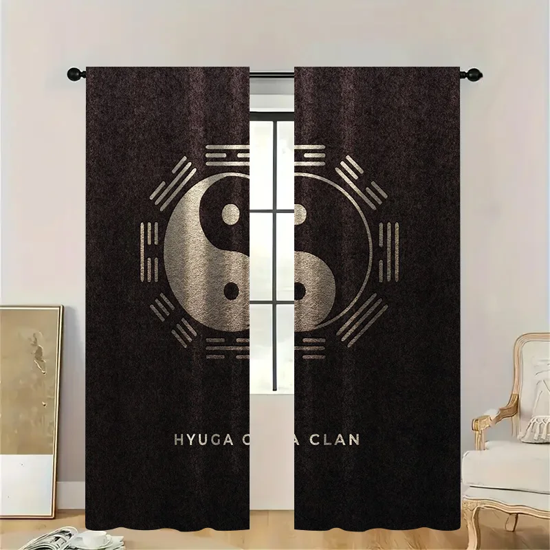 2pcs Yin Yang Bagua Curtains with Rod Pocket, Dark Brown with Gold Philosophy Symbols Sheer , Zen Meditation Room Decor