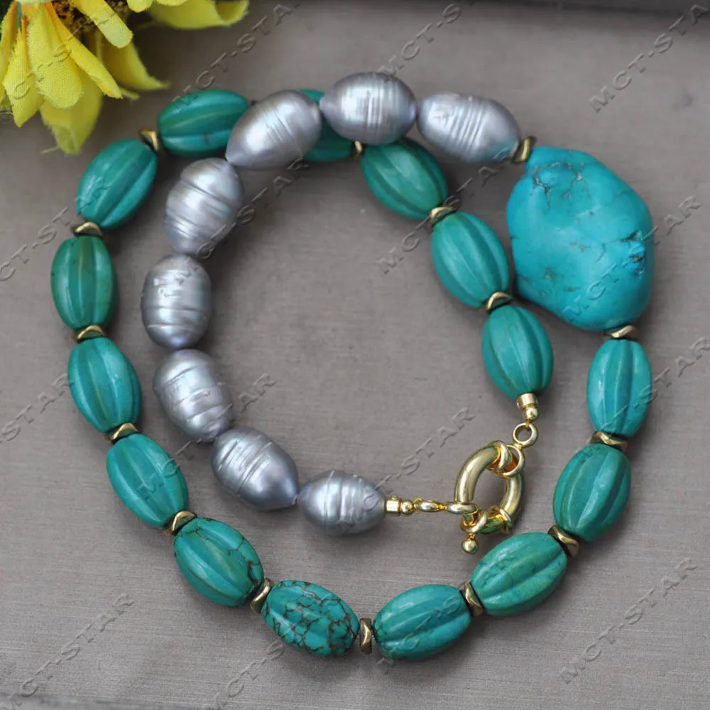 MCT·STAR 19'' 32mm Green Olive kernel Raw Ore Turquoise Gray Rice Pearl Necklace Custom Jewelry（ Z13996）