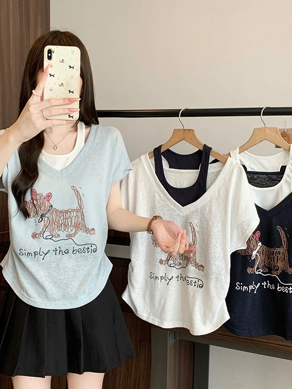 

plus Size Casual Versatile Fashion Summer T-Shirt Print Doggies Short Sleeve Fly Sleeve Cover up Meat Loose Fit V-Neck Top