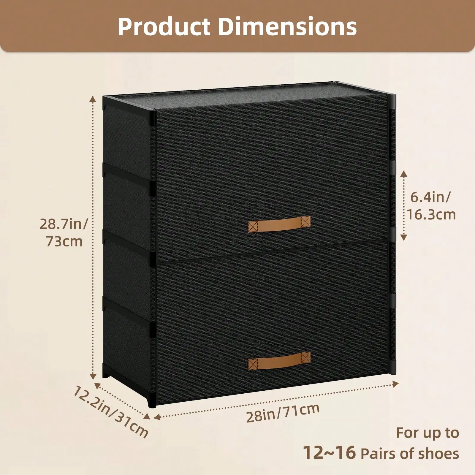 1‑Pc 5‑Tier Shoe Rack with Dust‑Proof Flip Doors, Thick Waterproof Fabric Shoe Storage Cabinet, Space‑Saving Shoe Organizer Holds 12‑16 Pairs, Anti‑Drop for High Heels, Black/Grey for Entryway Closet Hallway