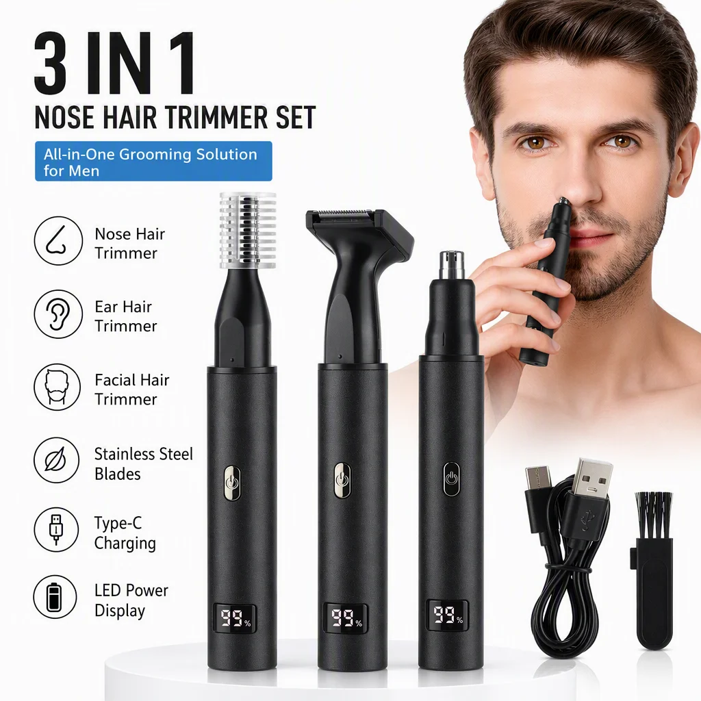 Electric 3 in 1 Nose Hair Trimmer Painless Eyebrow and Facial Hair Clipper LCD Display For Men USB Charging Cleaning Tool