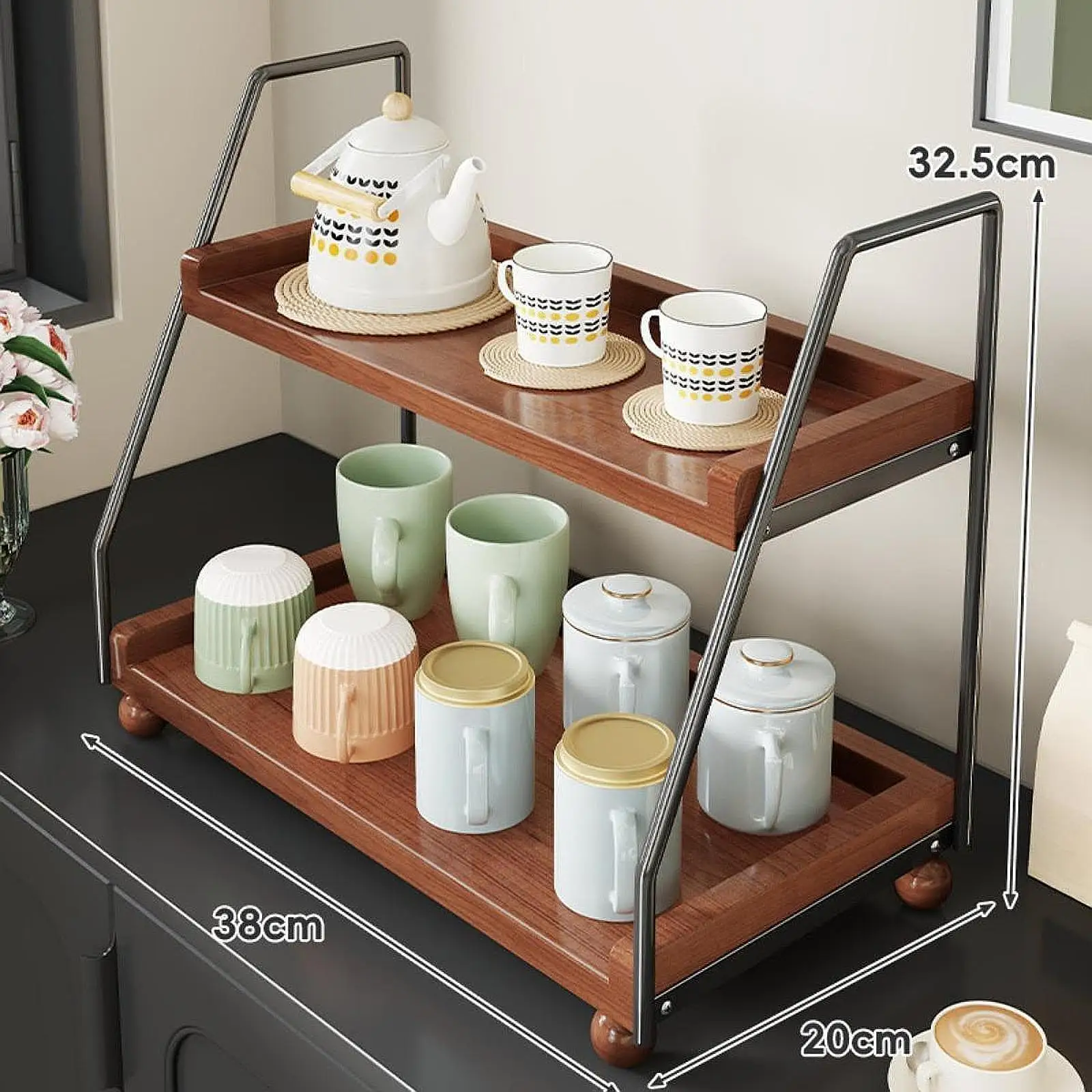 

2 Tier Cup Riser Stand Spice Rack Vintage Style Decorative Tabletop Organizer for Cupcakes Perfumes Figurines Jars Countertop