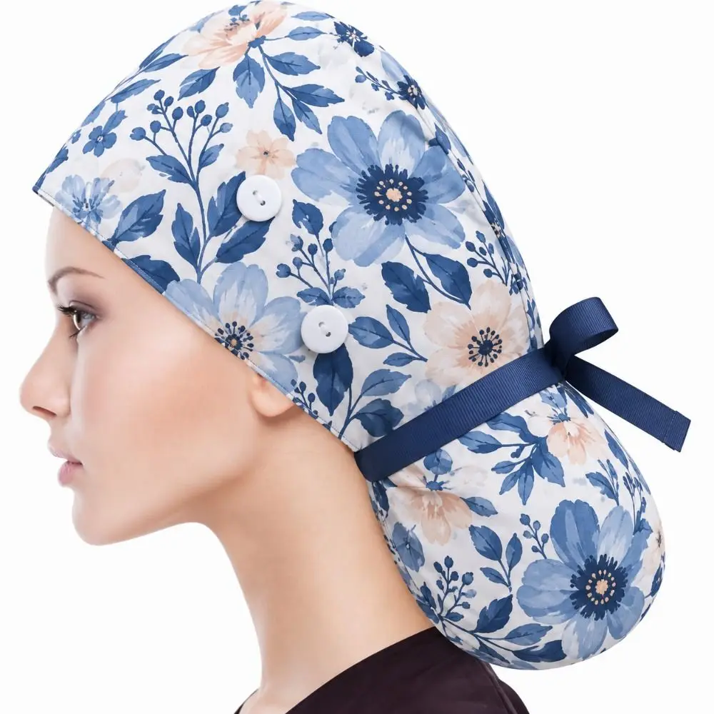 Practical Ponytail Pouch Satin Scrub Caps Button Closure Adjustable Tie Working Cap Frizz Reducing Turban Hats Unisex