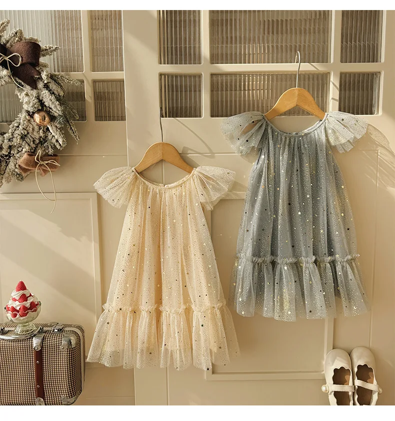 Sweet Kids Birthday Dress Star Tulle Girls Dress Princess Gown, Flutter Sleeve Puffy Skirt 2-6Y Wholesales