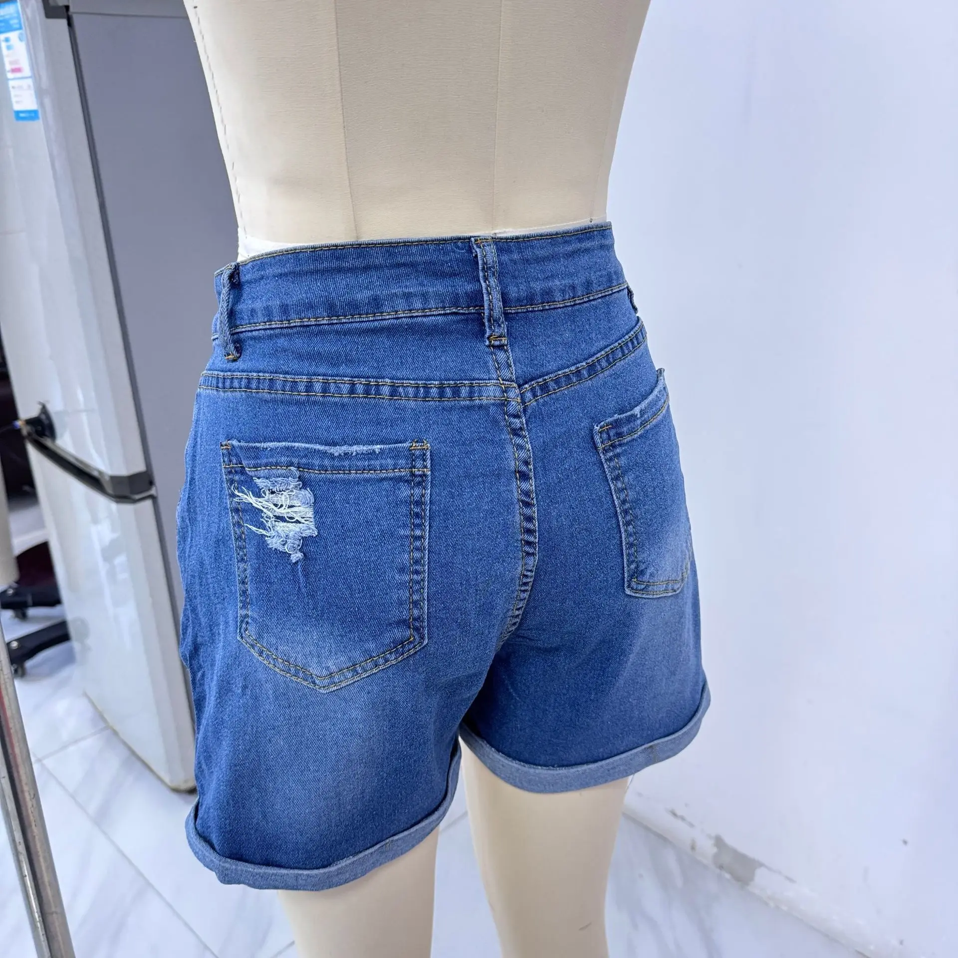 กางเกงขาสั้นกางเกงยีนส์ผู้หญิงStreetwear Denimsตรงกางเกงยีนส์กระเป๋าSplicedเอวสูงLady Elegantสั้นกางเกงSkinny