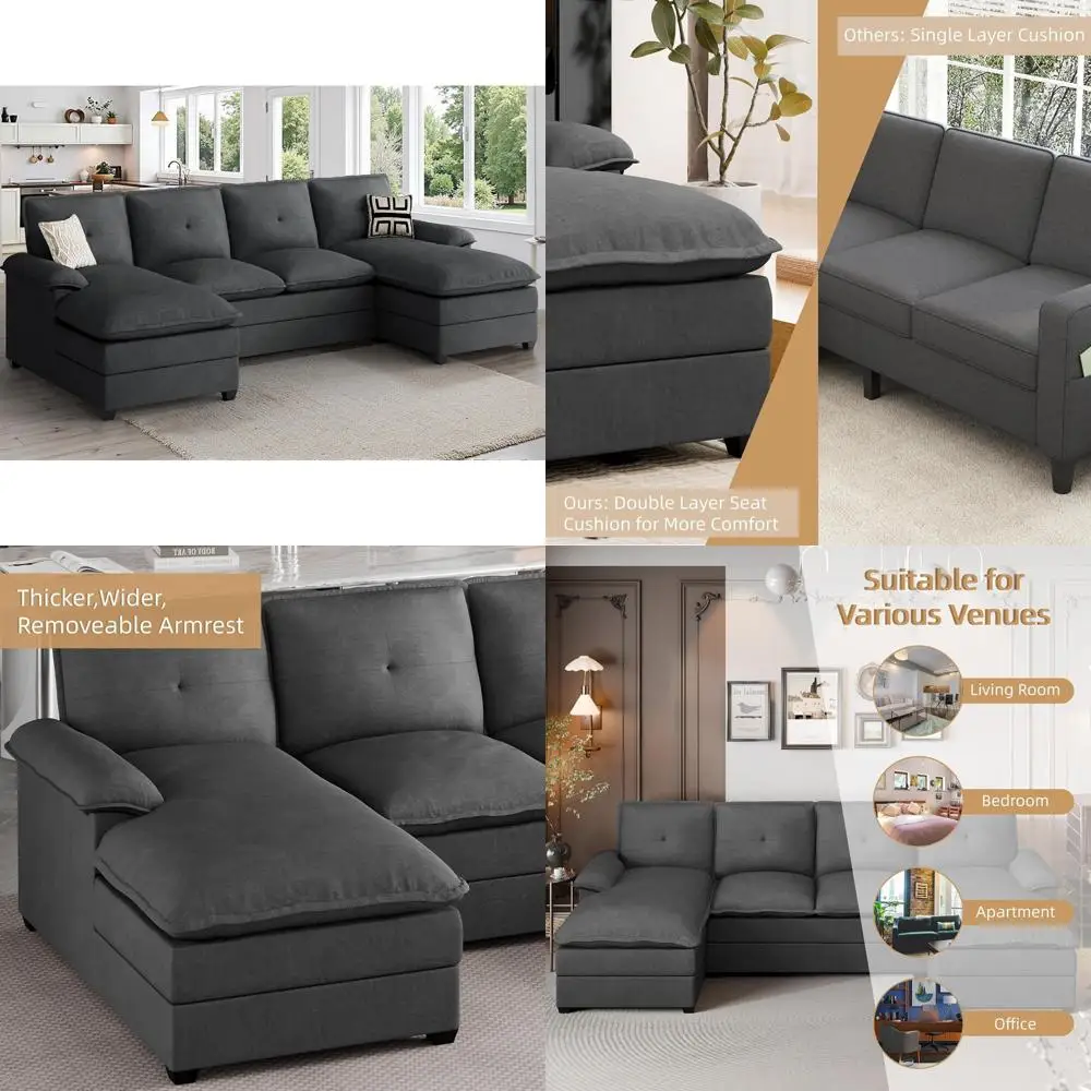

"u-shaped sectional sofa with reversible chaise for living room, 4-seat black apartment sofa set"