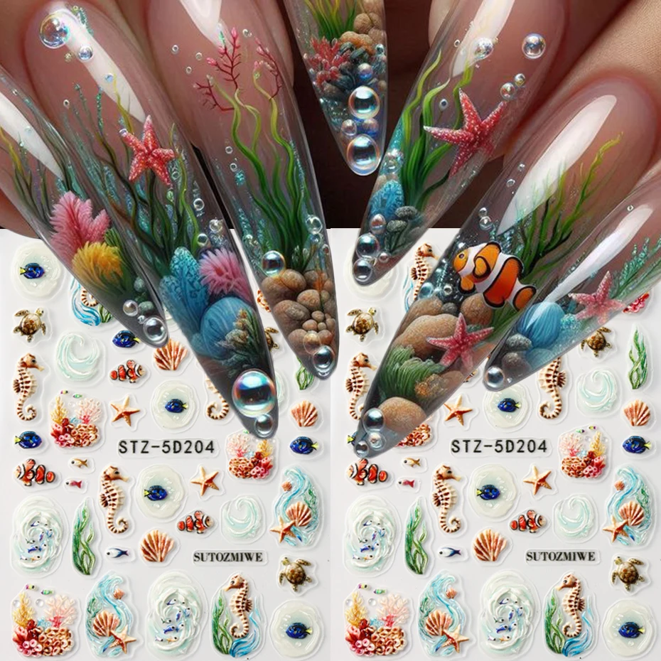 Summer Underwater World Underwater Life Theme Nail Stickers, Tropical Fish, Coral, Seahorses & Starfish Designs for Holidays DIY