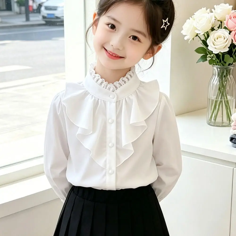 White Girl Long Sleeve Shirt Lace Long Sleeve Girl Chiffon Blouse Lightweight Chiffon Fabric Kids Clothing Spring Smmer Autumn
